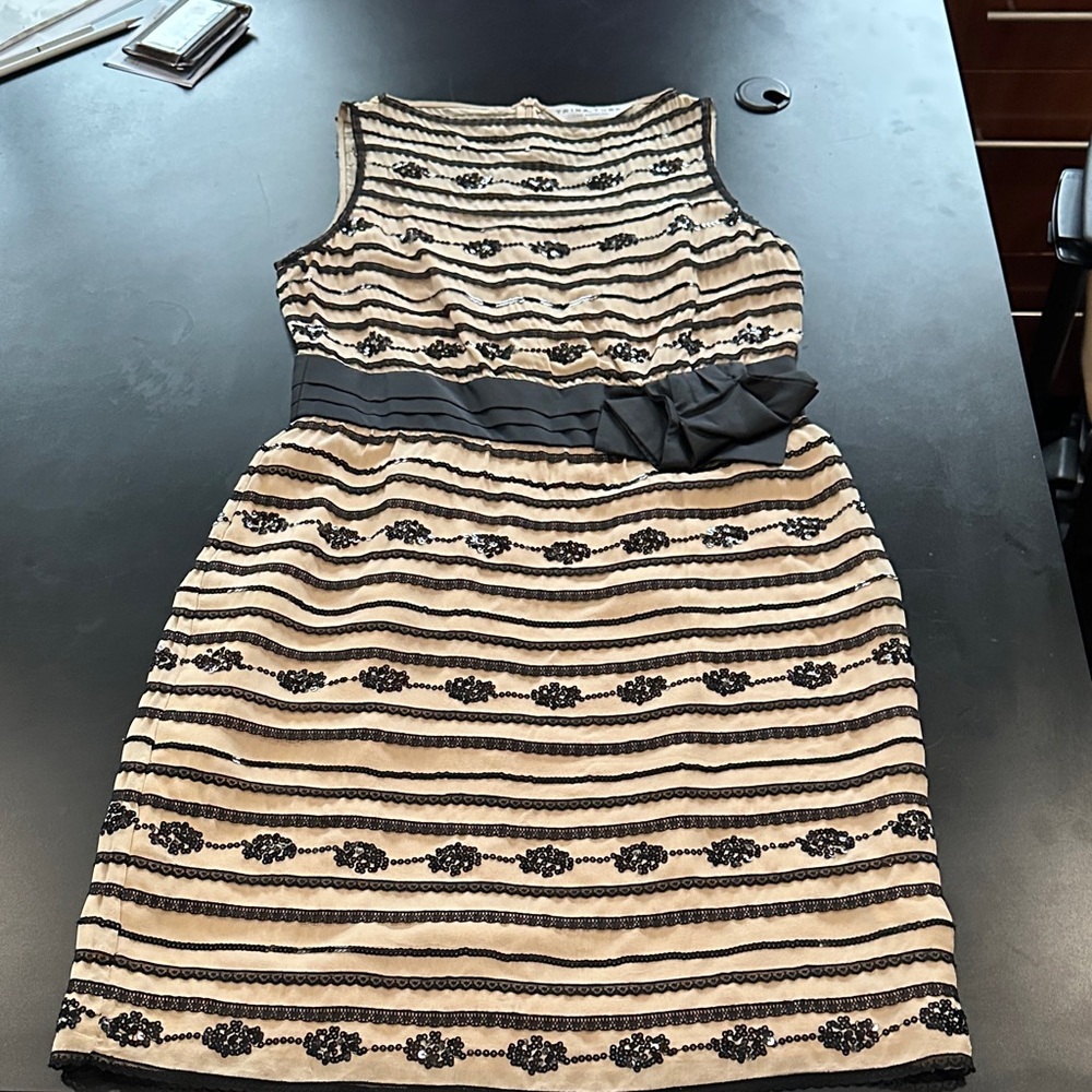 Trina Turk Black and Cream Striped Lace-Trim Mini Dress sequins 10